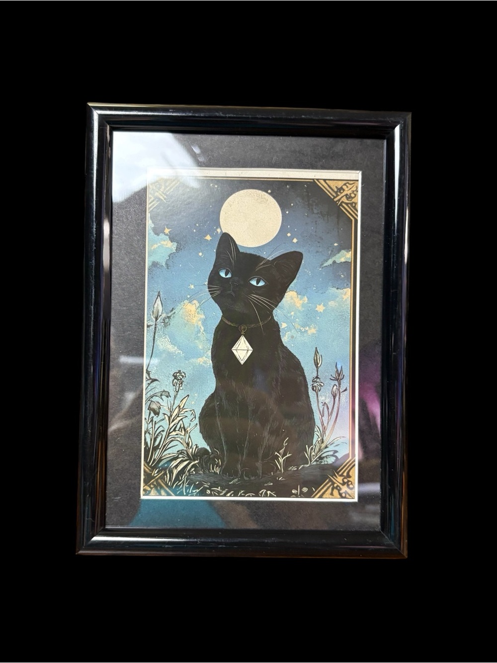 Celestial Black Cat Moon Art Print – Framed 5x7